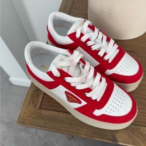Prada Red and White Lace-Up Sneakers